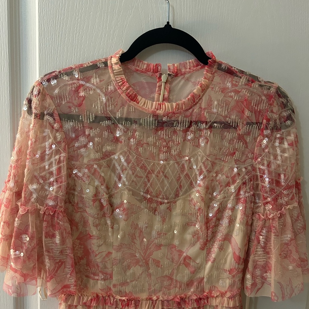 Mac Duggal Pink Ruffled Sequin Blouse
